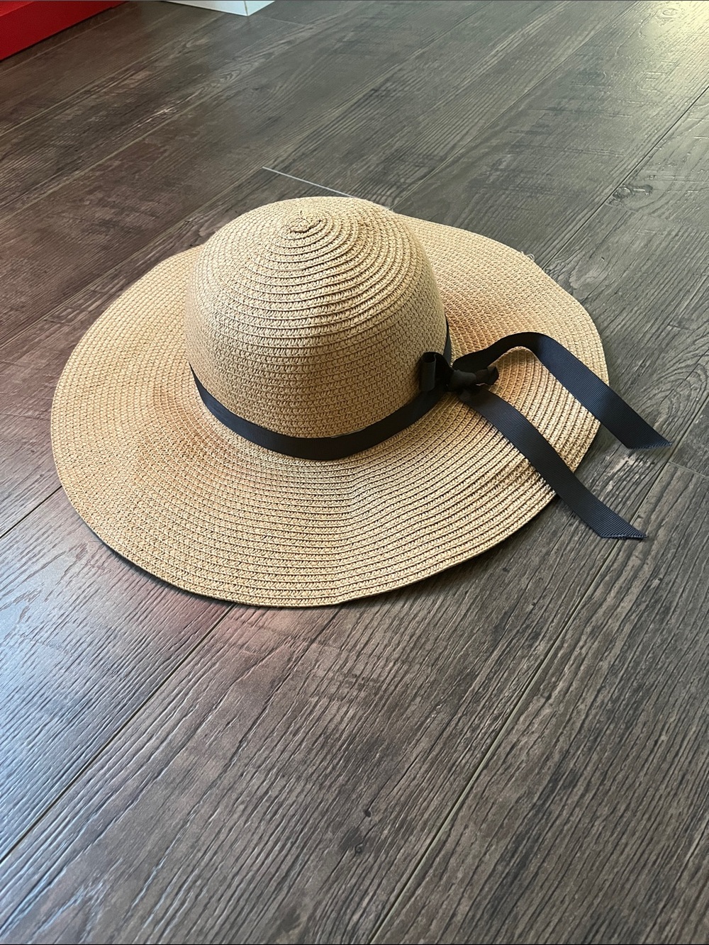 Wide-Brim Straw Sun Hat with Black Ribbon - Beige